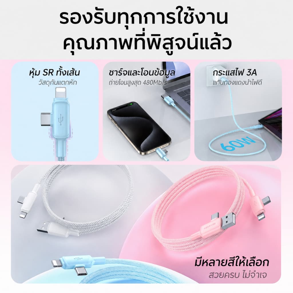 Awei สายชาร์จ 4-in-1 PD 60W Fast Charging Cable USB-A 2 Type-C สายถักไนลอน รูปที่ 3