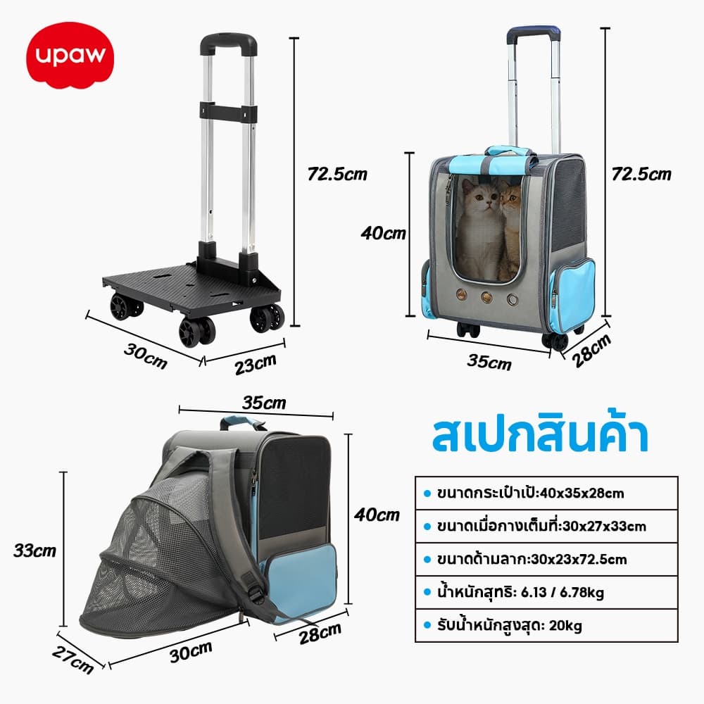 กระเป๋าแมว Upaw ที่มีพื้นที่กว้าง รถเข็นแมว ปรับใช้งานได้หลายแบบ พับเก็บง่าย ถอดล้างได้ ระบายอากาศ รูปที่ 3