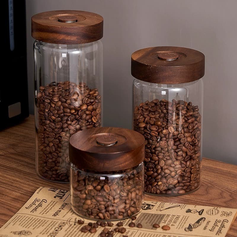 โถซีลสูญญากาศสําหรับเมล็ดกาแฟ/อาหาร/ถังเก็บมัทฉะกระป๋องแก้วสกัดอากาศพร้อมฝาไม้ รูปที่ 5