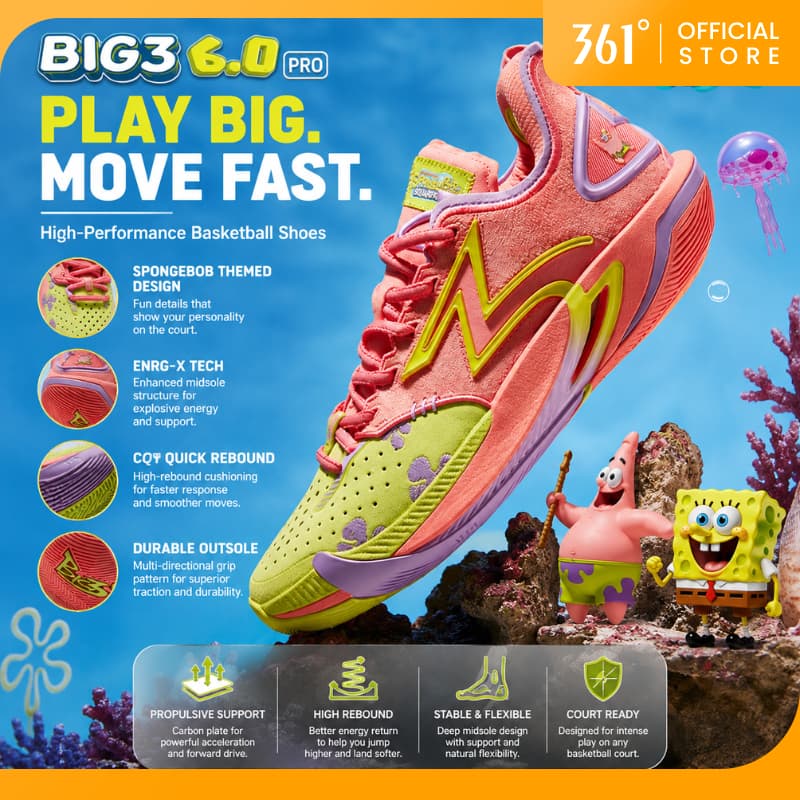 【361 Degrees】BIG3 6.0 Pro│รองเท้าบาสเก็ตบอลสำหรับผู้ชาย สไตล์ / ความร่วมมือกับ SpongeBob SquarePants ระบายอากาศได้ดี รองรับแรงกระแทกระดับมืออาชีพ 672531109