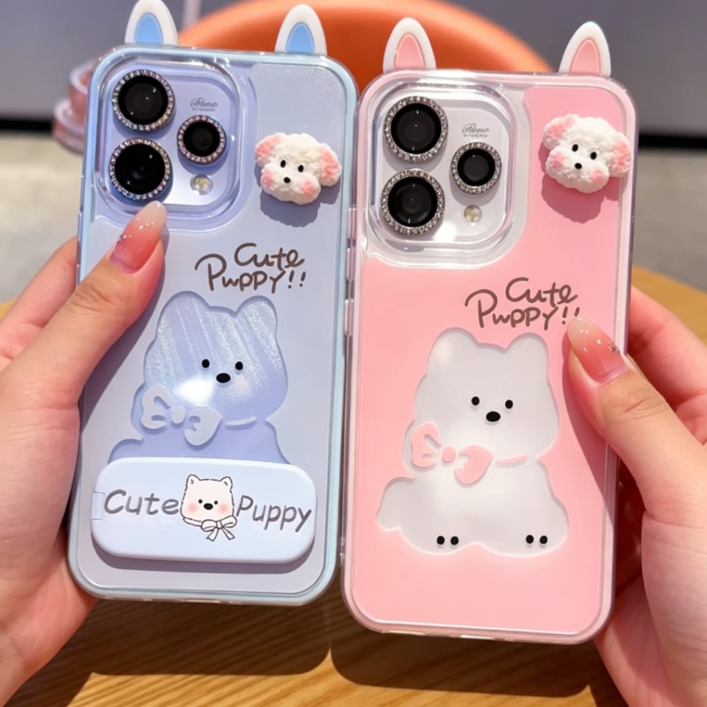 เคส OPPO Reno 14 15 16 14F 15F 5G เคส OPPO Reno 14 15 16 Pro 5G Pro Max เคสน่ารักลายการ์ตูนน้องหมา กันกระแทก พร้อมกระจกและที่วางโทรศัพท์ เคสเจลกันกระแทก 2 in 1 แบบใส รูปที่ 1