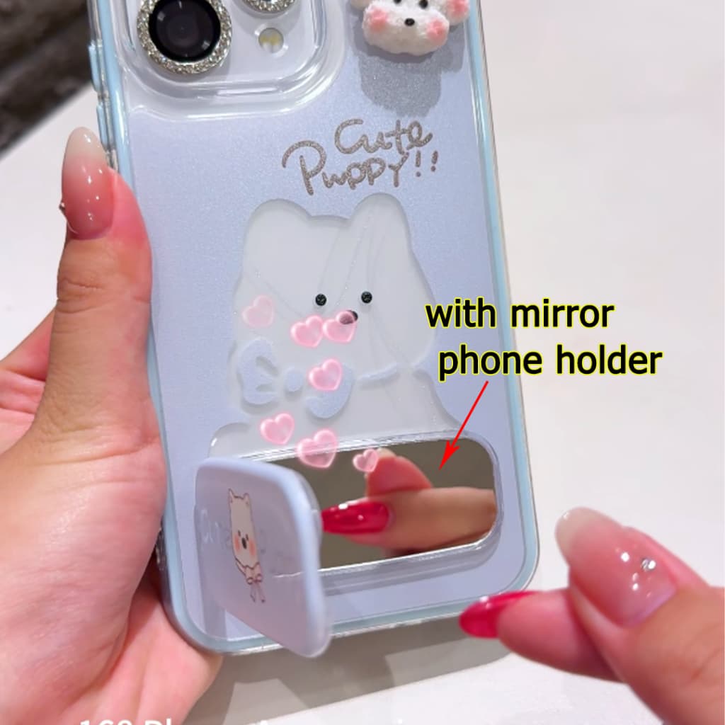 เคส OPPO Reno 14 15 16 14F 15F 5G เคส OPPO Reno 14 15 16 Pro 5G Pro Max เคสน่ารักลายการ์ตูนน้องหมา กันกระแทก พร้อมกระจกและที่วางโทรศัพท์ เคสเจลกันกระแทก 2 in 1 แบบใส รูปที่ 2