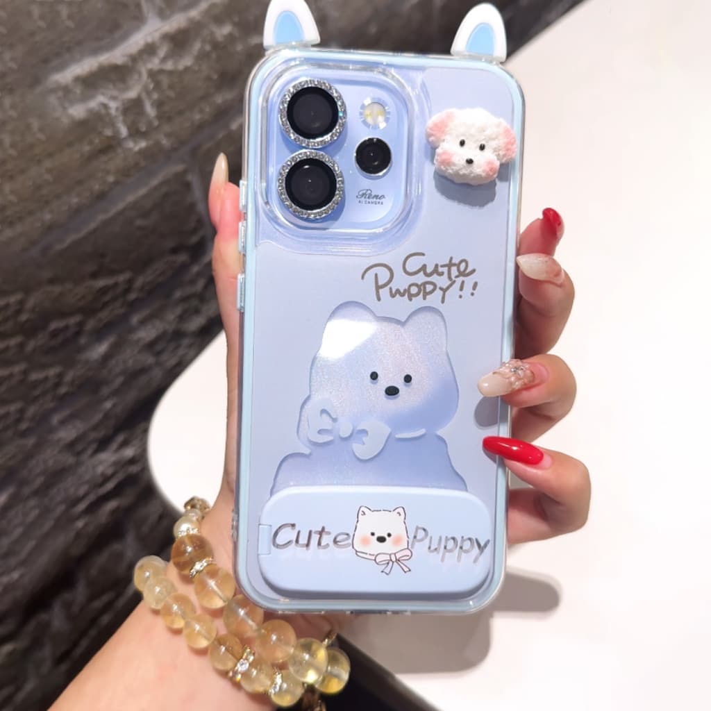 เคส OPPO Reno 14 15 16 14F 15F 5G เคส OPPO Reno 14 15 16 Pro 5G Pro Max เคสน่ารักลายการ์ตูนน้องหมา กันกระแทก พร้อมกระจกและที่วางโทรศัพท์ เคสเจลกันกระแทก 2 in 1 แบบใส รูปที่ 4