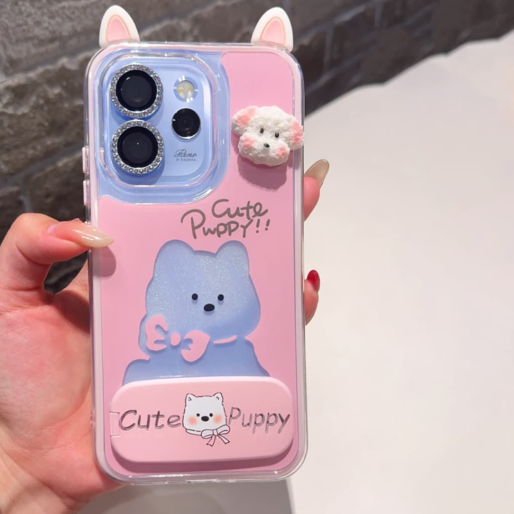 เคส OPPO Reno 14 15 16 14F 15F 5G เคส OPPO Reno 14 15 16 Pro 5G Pro Max เคสน่ารักลายการ์ตูนน้องหมา กันกระแทก พร้อมกระจกและที่วางโทรศัพท์ เคสเจลกันกระแทก 2 in 1 แบบใส รูปที่ 3
