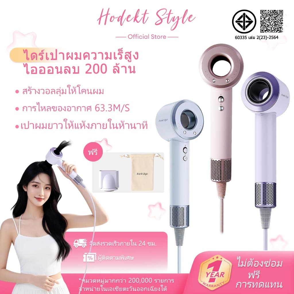 HODEKT ความเร็วสูง ​​ไดร์เป่าผมปรับอุณหภูมิและความเร็วได้ ดูแลเส้นผมไอออนลบ รับประกัน 1 ปี รูปที่ 1