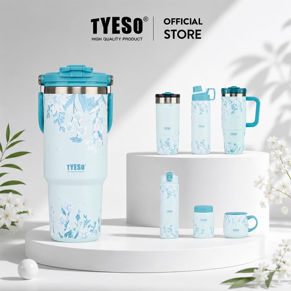TYESO Sky Blue Floral Insulated Tumbler สแตนเลสถ้วยสูญญากาศพร้อมฟาง 24H เย็น 12H ร้อน รูปที่ 1