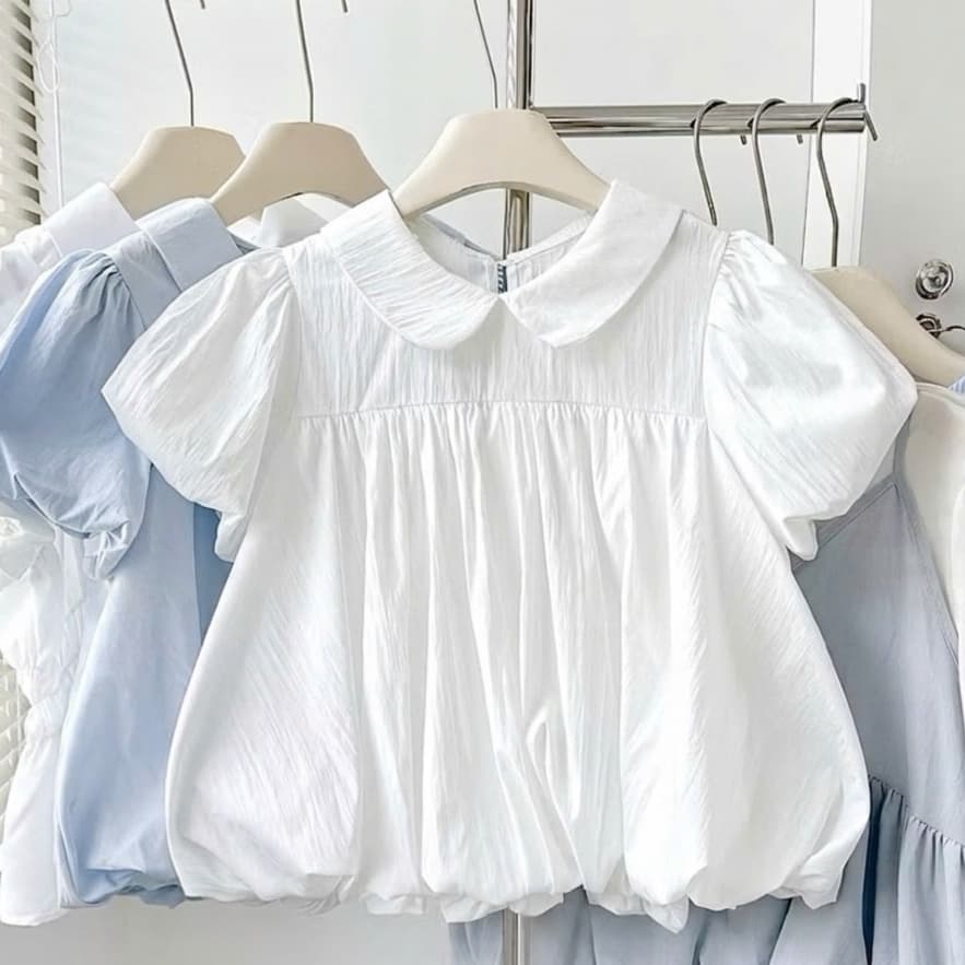 เสื้อคอตุ๊กตา สไตล์เกาหลี เสื้อเชิ้ตแขนสั้น ท็อปส์ซูสีทึบสำหรับสุภาพสตรี ผ้าไหมผ้า รูปที่ 4