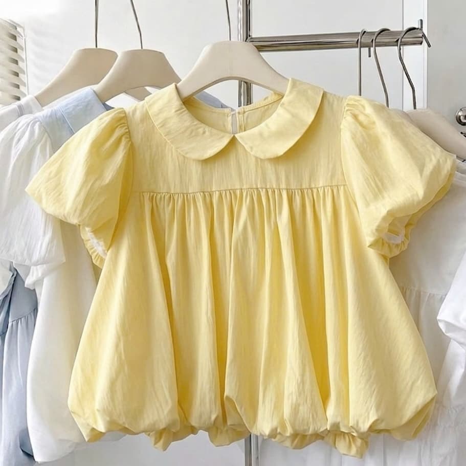เสื้อคอตุ๊กตา สไตล์เกาหลี เสื้อเชิ้ตแขนสั้น ท็อปส์ซูสีทึบสำหรับสุภาพสตรี ผ้าไหมผ้า รูปที่ 6