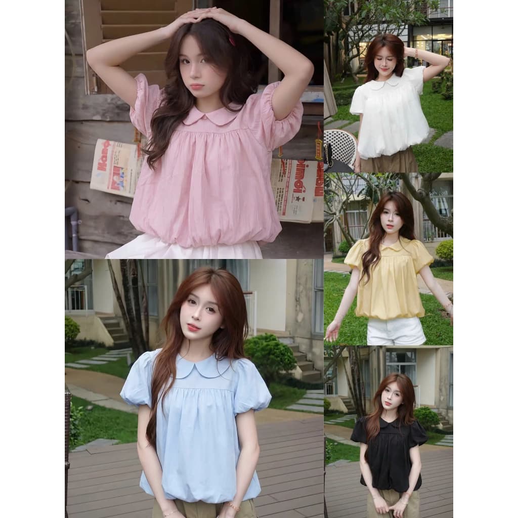 เสื้อคอตุ๊กตา สไตล์เกาหลี เสื้อเชิ้ตแขนสั้น ท็อปส์ซูสีทึบสำหรับสุภาพสตรี ผ้าไหมผ้า รูปที่ 3