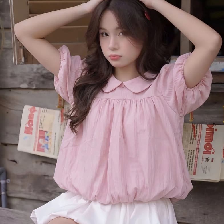 เสื้อคอตุ๊กตา สไตล์เกาหลี เสื้อเชิ้ตแขนสั้น ท็อปส์ซูสีทึบสำหรับสุภาพสตรี ผ้าไหมผ้า รูปที่ 7