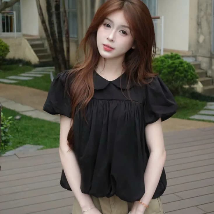 เสื้อคอตุ๊กตา สไตล์เกาหลี เสื้อเชิ้ตแขนสั้น ท็อปส์ซูสีทึบสำหรับสุภาพสตรี ผ้าไหมผ้า รูปที่ 8
