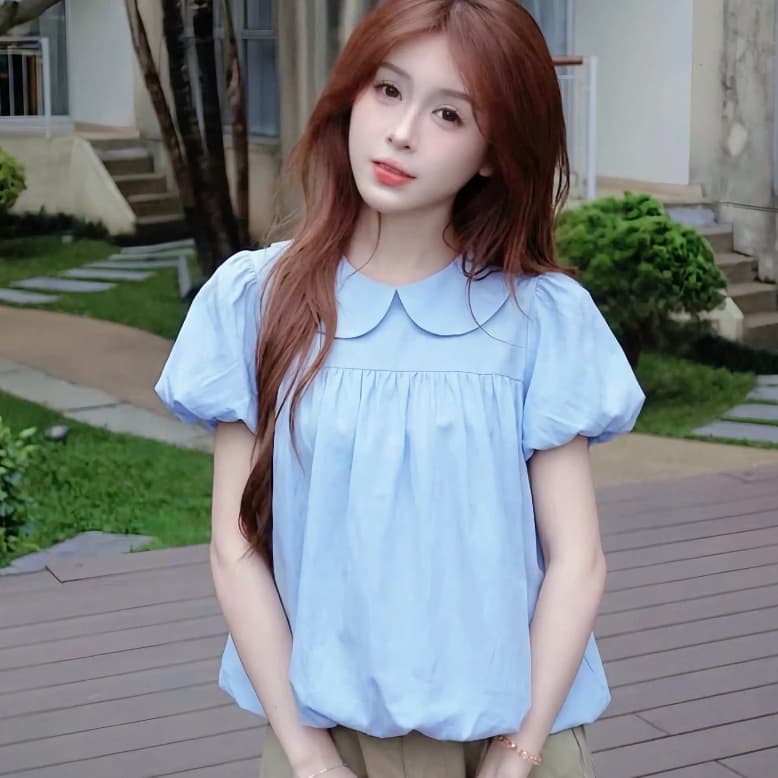 เสื้อคอตุ๊กตา สไตล์เกาหลี เสื้อเชิ้ตแขนสั้น ท็อปส์ซูสีทึบสำหรับสุภาพสตรี ผ้าไหมผ้า รูปที่ 9