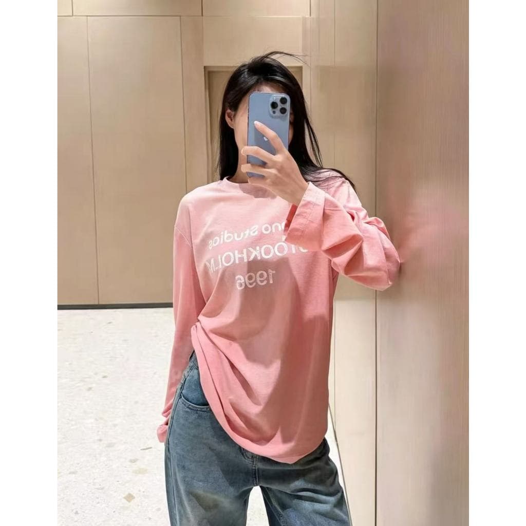 เสื้อยืดแขนยาวคอกลม ผ้าฝ้าย สไตล์แฟชั่น ไซส์ S-XL รูปที่ 1