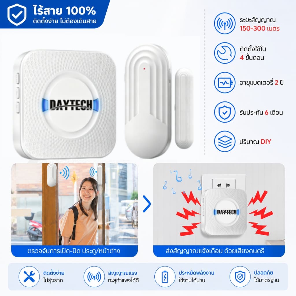 DAYTECH Wireless Sensor Door Wireless Shop หน้าต่างประตูด้านหน้า Anti-Theft Noise Wireless Doorbell