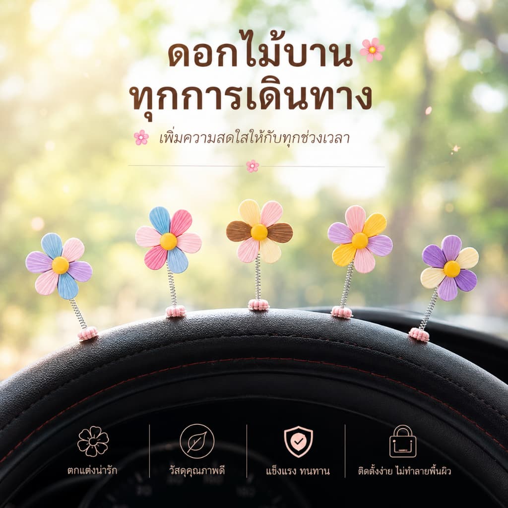 ดอกไม้ตกแต่งในรถ 5 ดอก ของแต่งรถยนต์ ของแต่งหน้ารถ สปริงกันสะเทือน สีพาสเทล น่ารัก แต่งคอนโซลรถ A00308 รูปที่ 4