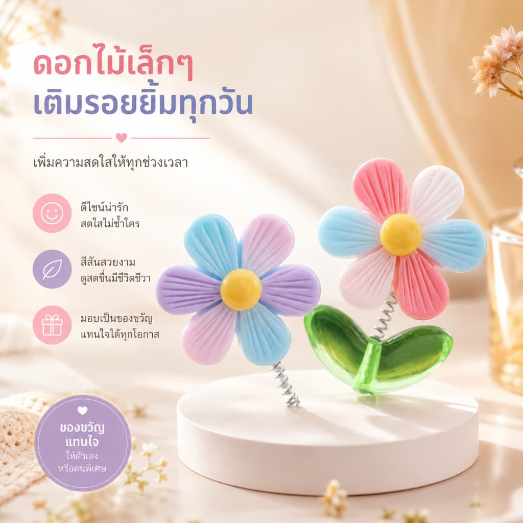 ดอกไม้ตกแต่งในรถ 5 ดอก ของแต่งรถยนต์ ของแต่งหน้ารถ สปริงกันสะเทือน สีพาสเทล น่ารัก แต่งคอนโซลรถ A00308 รูปที่ 2