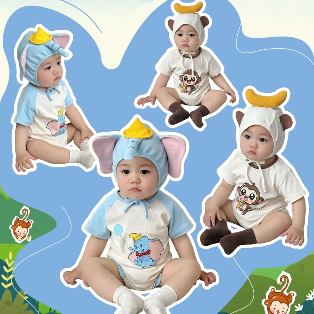 ชุดรอมเปอร์ทารกแขนสั้นช้าง ชุดรอมเปอร์ กับหมวกฤดูร้อนเด็กการ์ตูน ชุดจั๊มสูท รูปที่ 8