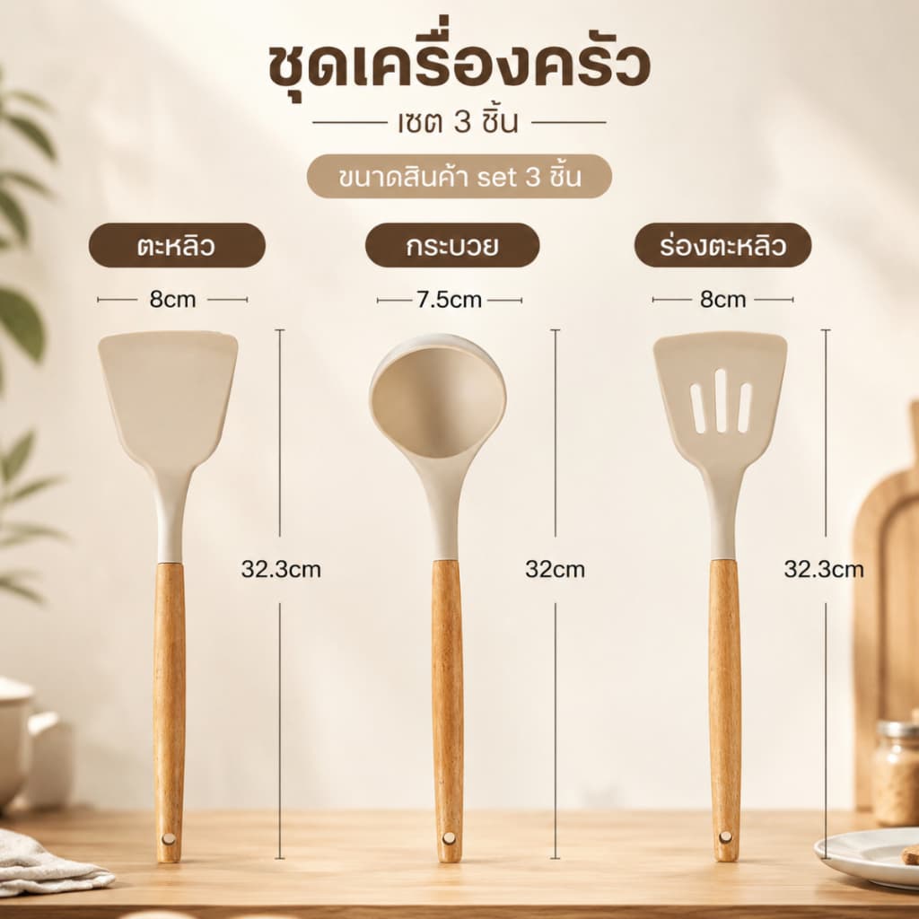 กระบวยตักซุป กระบวยซิลิโคน ทัพพีซิลิโคน เครื่องครัวซิลิโคน ทนความร้อน ด้ามไม้ สำหรับทำอาหาร S00008 รูปที่ 3