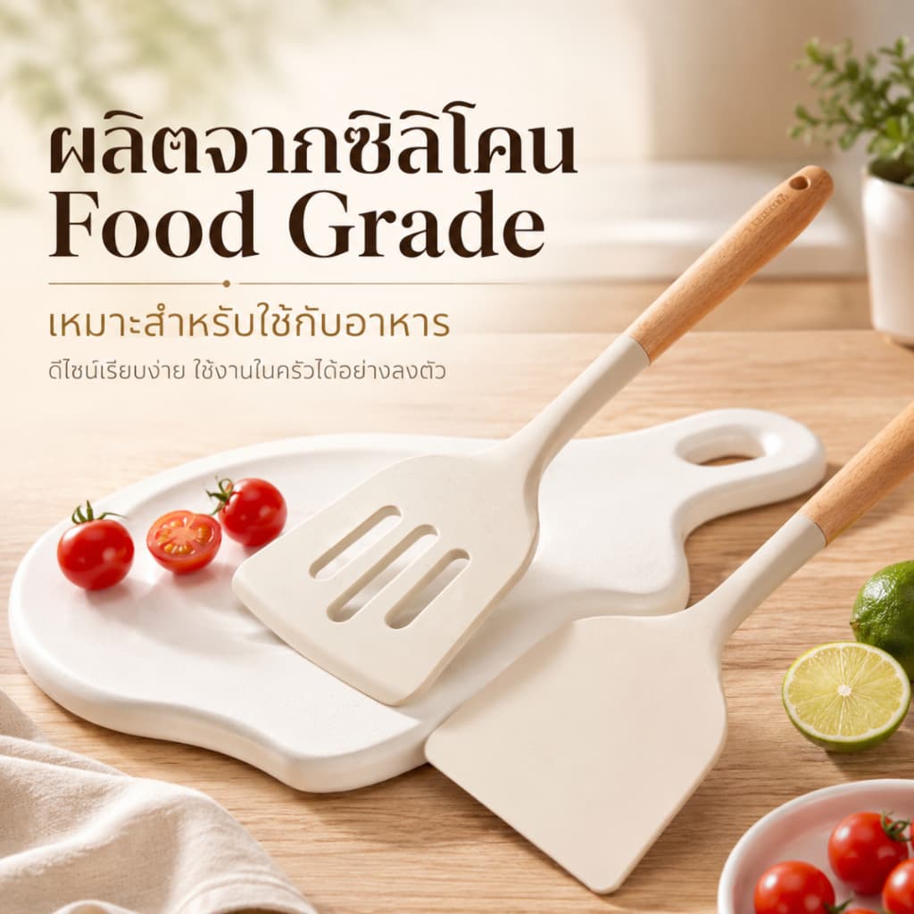 กระบวยตักซุป กระบวยซิลิโคน ทัพพีซิลิโคน เครื่องครัวซิลิโคน ทนความร้อน ด้ามไม้ สำหรับทำอาหาร S00008 รูปที่ 2