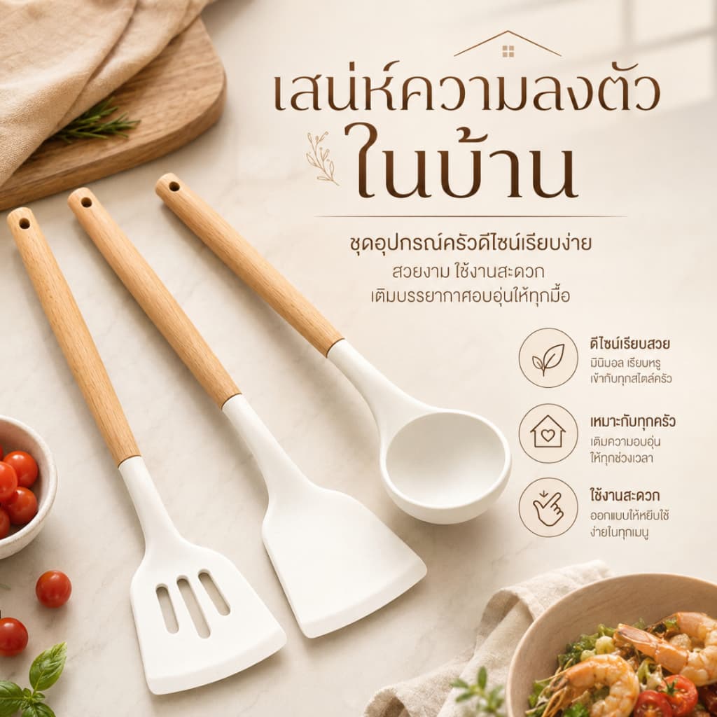 กระบวยตักซุป กระบวยซิลิโคน ทัพพีซิลิโคน เครื่องครัวซิลิโคน ทนความร้อน ด้ามไม้ สำหรับทำอาหาร S00008 รูปที่ 1