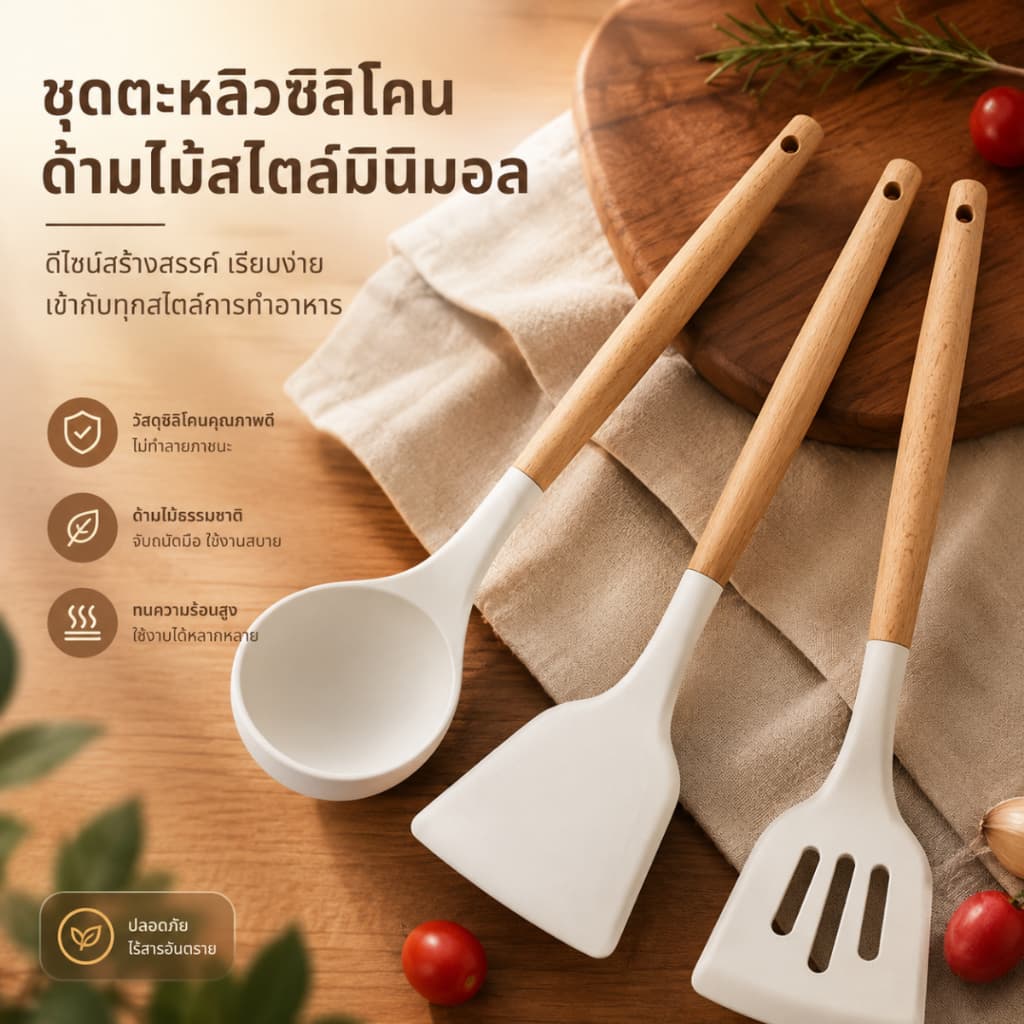 กระบวยตักซุป กระบวยซิลิโคน ทัพพีซิลิโคน เครื่องครัวซิลิโคน ทนความร้อน ด้ามไม้ สำหรับทำอาหาร S00008 รูปที่ 6