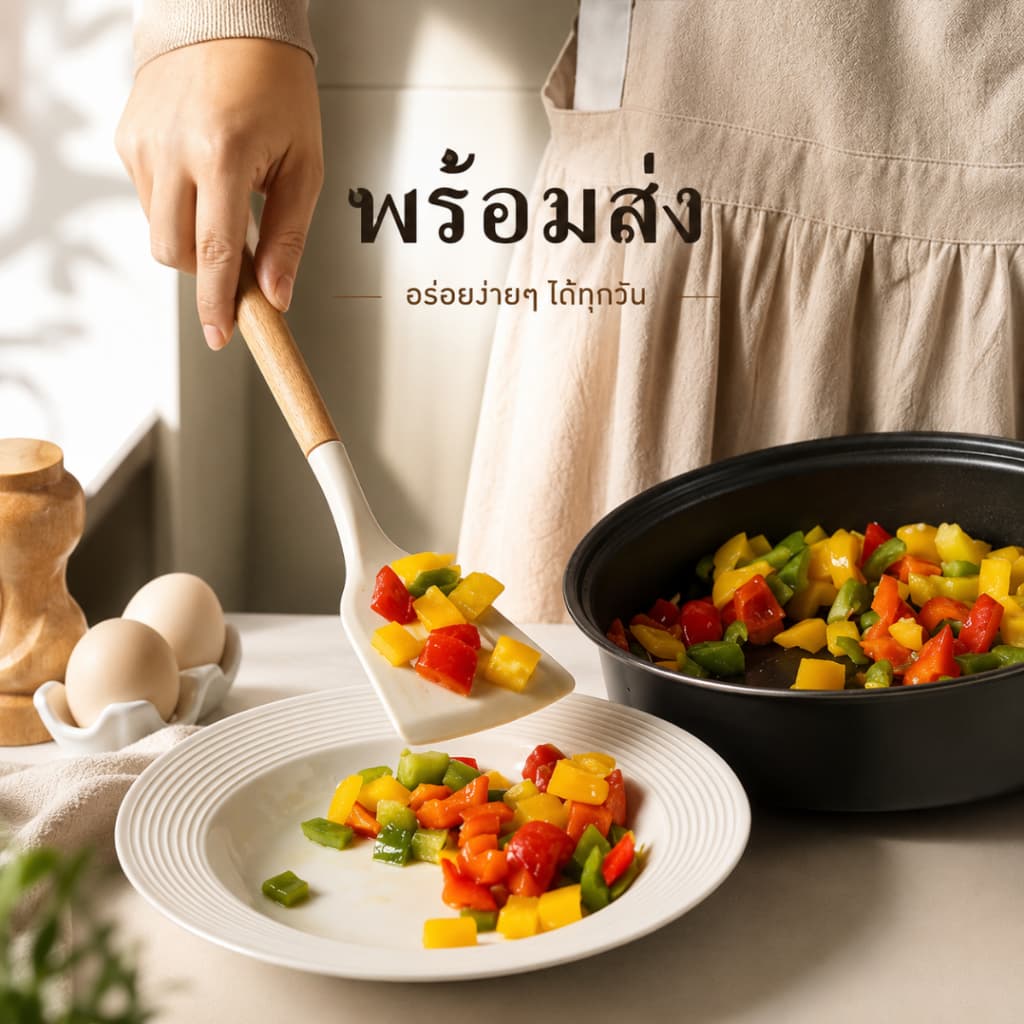 กระบวยตักซุป กระบวยซิลิโคน ทัพพีซิลิโคน เครื่องครัวซิลิโคน ทนความร้อน ด้ามไม้ สำหรับทำอาหาร S00008 รูปที่ 8