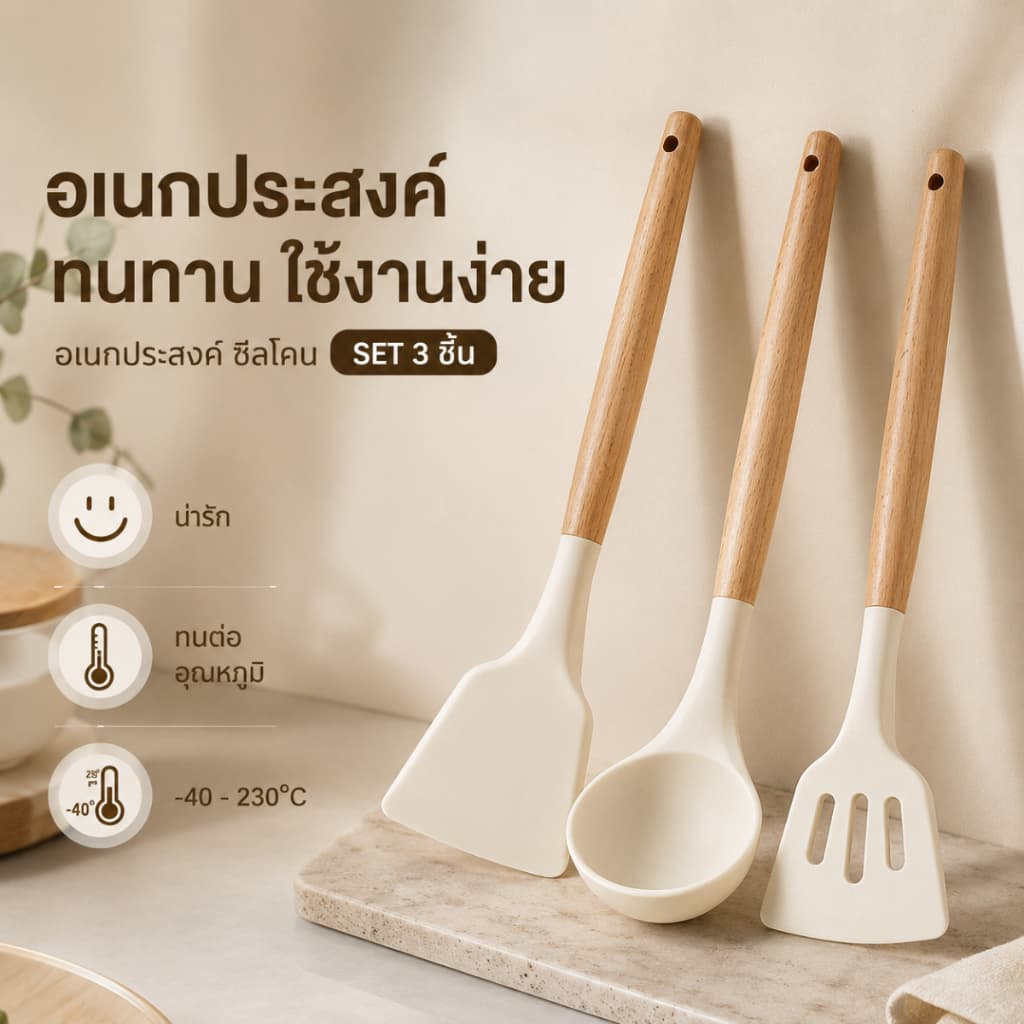 กระบวยตักซุป กระบวยซิลิโคน ทัพพีซิลิโคน เครื่องครัวซิลิโคน ทนความร้อน ด้ามไม้ สำหรับทำอาหาร S00008 รูปที่ 7