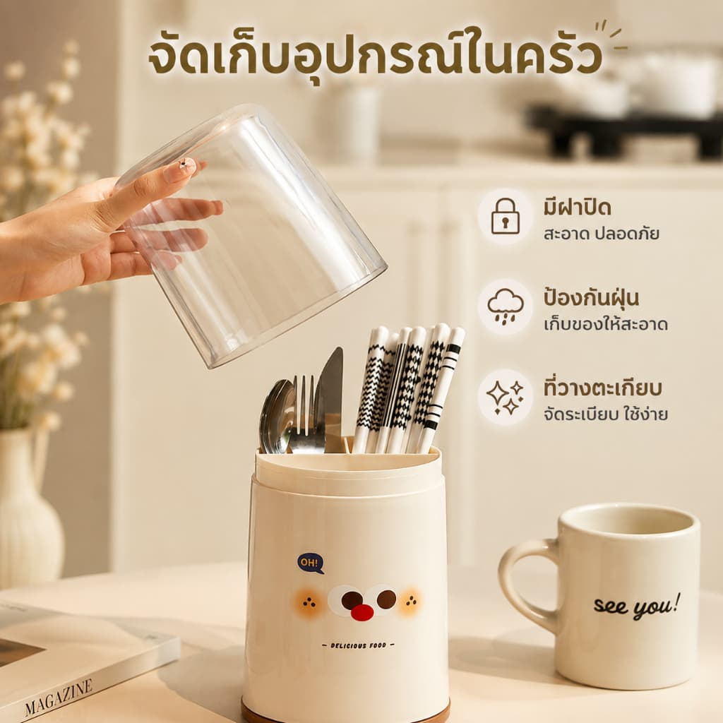 ที่เก็บช้อน กล่องเก็บช้อนส้อม มีฝาปิด กันฝุ่น สำหรับจัดระเบียบครัว S00134 รูปที่ 6