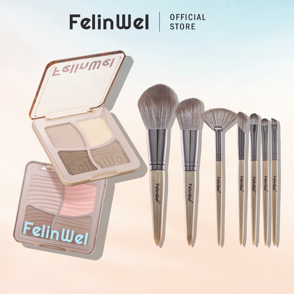 FelinWel เซ็ตแต่งหน้า พาเลทคอนทัวร์+ไฮไลท์ 4สี + ชุดแปรง 7ชิ้น วีแกน ประหยัดกว่าซื้อแยก | Face Makeup Bundle Save vs Separate รูปที่ 1