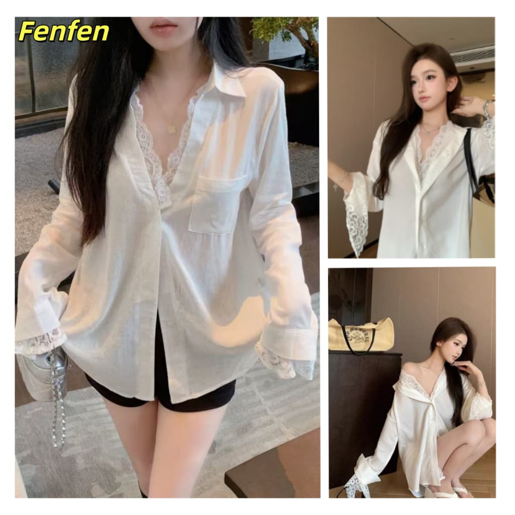 เสื้อเชิ้ตผ้าฝ้ายและผ้าลินินสีขาวคอวีปลอมสองชิ้นสำหรับผู้หญิงฤดูร้อนเสื้อกันแดดลูกไม้ยาวกลาง รูปที่ 1