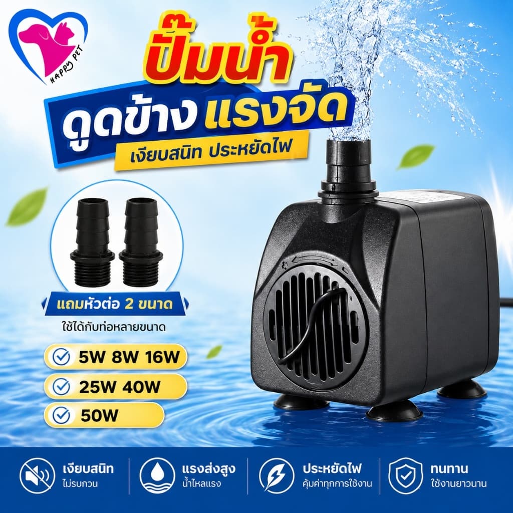 Happy Pet ปั๊มน้ำขนาดเล็ก ปั๊มน้ำตู้ปลา ปั๊มจุ่มบ่อปลา เหมาะสำหรับน้ำพุแมว ตู้ปลา บ่อปลา รูปที่ 1