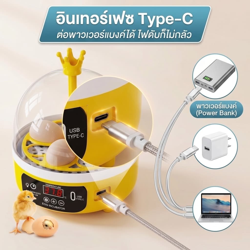 HzCc เครื่องฟักไข่ขนาดเล็ก 4/6/8/16/36/64/120 ฟอง ระบบอัตโนมัติ ต่อพ่วง USB/Powerbank ตู้ฟักไข่นก ไข่ไก่ ควบคุมอุณหภูมิอัจฉริยะ รูปที่ 6