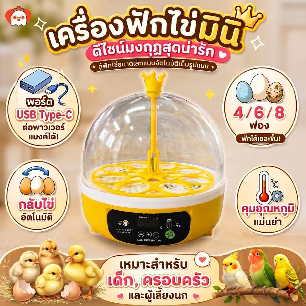 HzCc เครื่องฟักไข่ขนาดเล็ก 4/6/8/16/36/64/120 ฟอง ระบบอัตโนมัติ ต่อพ่วง USB/Powerbank ตู้ฟักไข่นก ไข่ไก่ ควบคุมอุณหภูมิอัจฉริยะ รูปที่ 1