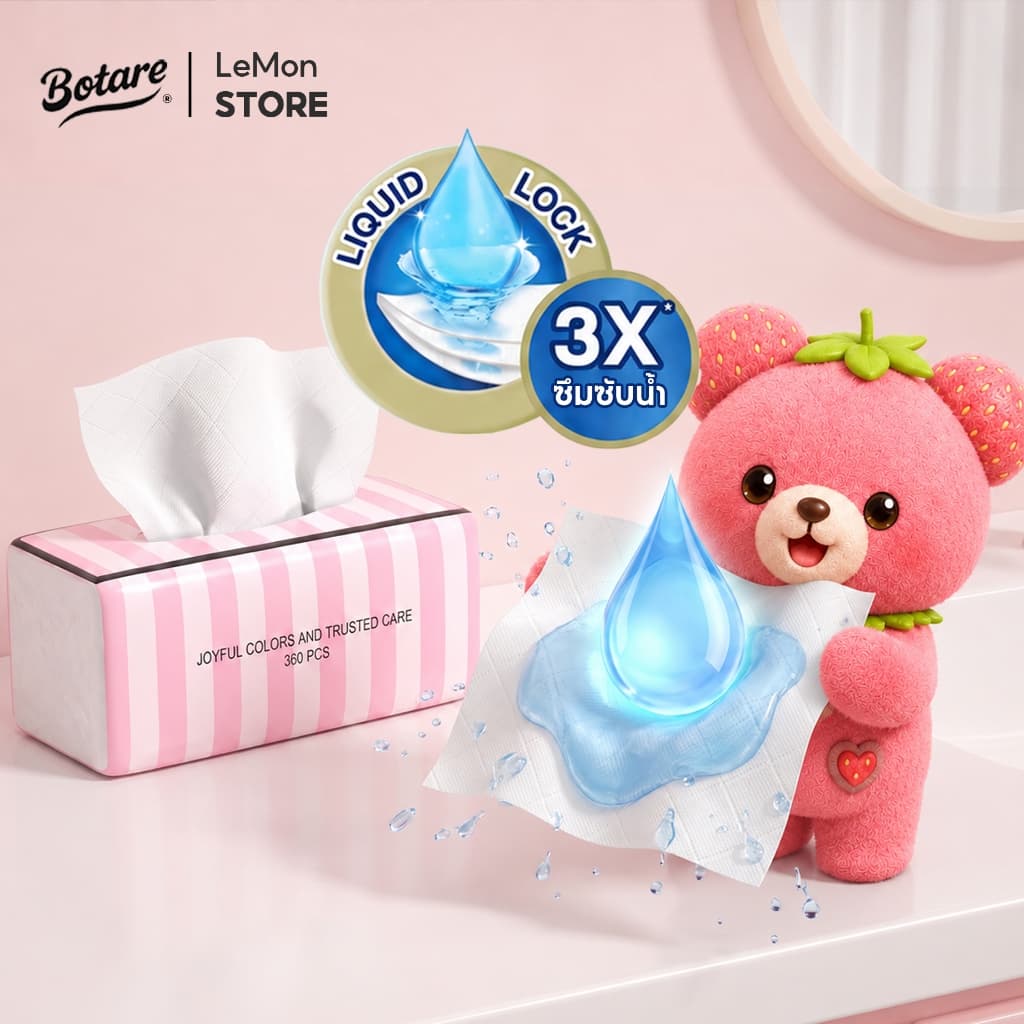 Botare® CHEERFUL™PINK กระดาษทิชชู่แขวนหนานุ่ม 4 ชั้น ทิชชู่เด็ก เยื่อไม้FSC สำหรับคนเป็นภูมิแพ้ ทิชชู่คุ้มค่า ซึมซับได้ดี 175*155มม. 1800แผ่น facial tissue GB/T20808 รูปที่ 3