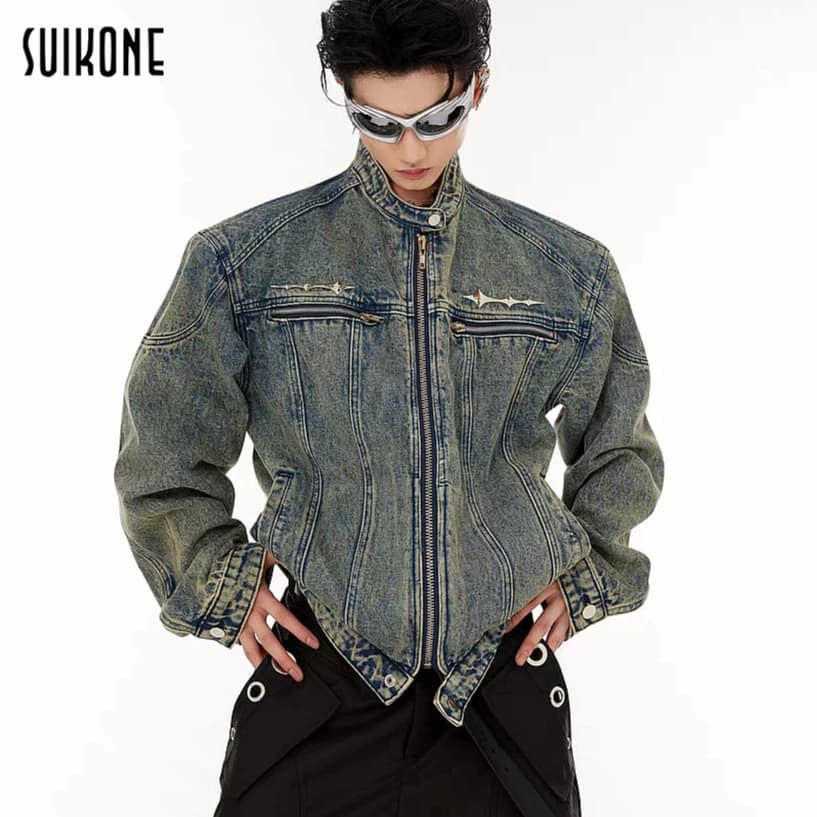 Suikone เสื้อแจ็กเก็ตยีน แขนยาว ซักล้างได้ สไตล์เรโทร แฟชั่นสําหรับผู้ชาย และผู้หญิง รูปที่ 1