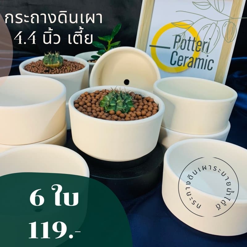 กระถางดินเผาทรงเตี้ยมินิมอล กว้าง4.5นิ้ว ผิวเรียบใหม่ เซต6 ใบ รูปที่ 1