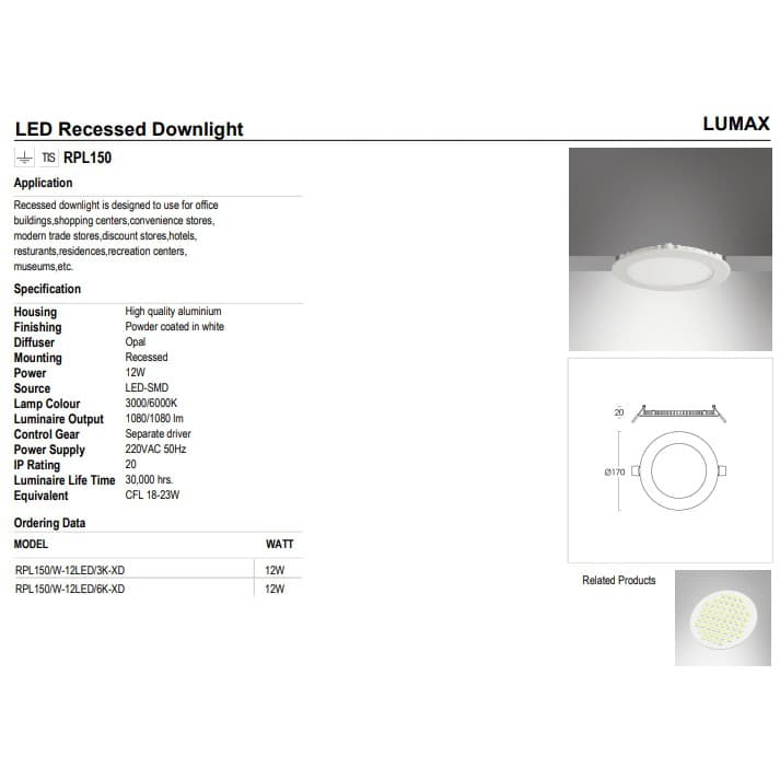 ดาวน์ไลท์แบบบาง Panel ทรงกลมและเหลี่ยม มีหลายขนาดให้เลือกสรร Lumax รูปที่ 6