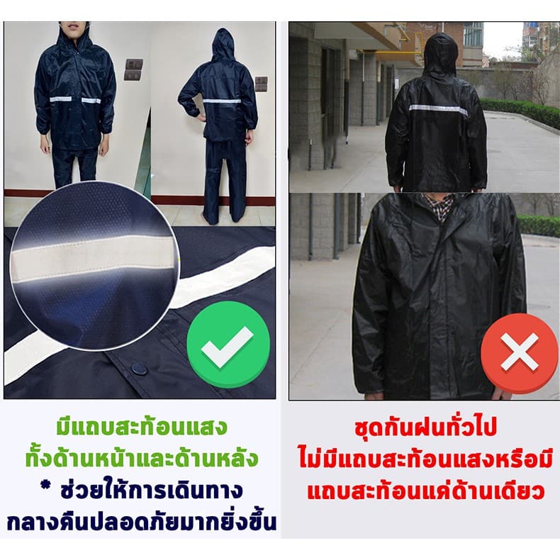 New Alitech ชุดกันฝน เสื้อกันฝน สีกรมท่า มีแถบสะท้อนแสง รุ่น หมวกติดเสื้อ Waterproof Rain Suitมอเตอร์ไซค์ Split raincoat รูปที่ 3
