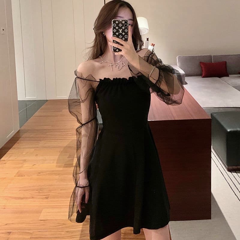 Eva Style COD เอวเซ็กซี่เอวบางชุดไหล่เดียว เชุดเดรสสีดำแขนยาว ชุดเดรสแขนพัฟสีดำ ปิดไหล่ รูปที่ 8
