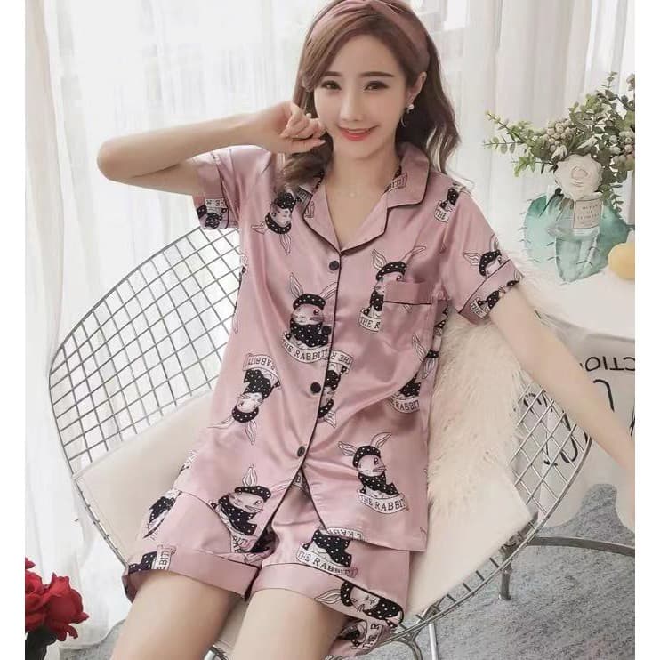 802 เสื้อนอนคอปกแขนสั้นขาสั้นผ้าซาตินนิ่มใส่สบายสีสด รูปที่ 5