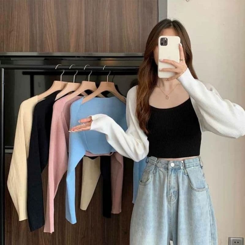 Vogue​​ ​​เสื้อคลุมไหมพรมแขนยาว ผ้าร่องใส่สบายมาก คลุมครึ่งตัวสไตล์​เกาหลี รูปที่ 7
