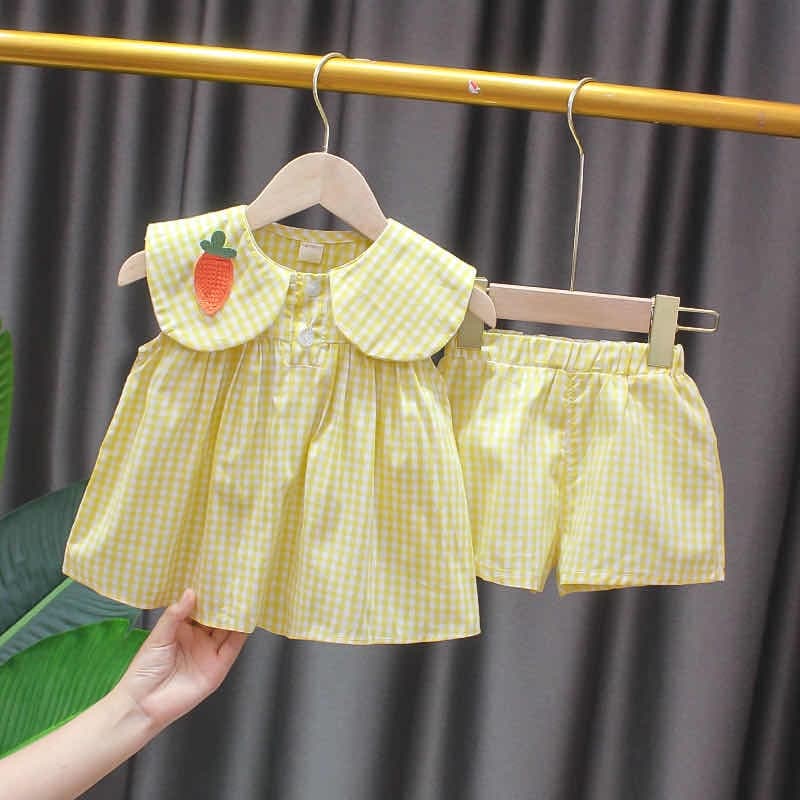 Babyonline I2 ชุดเซ็ต2ชิ้นเสื้อกางเกงขาสั้นสำหรับเด็กผู้หญิงลายสก็อต ผ้าฝ้าย รูปที่ 1
