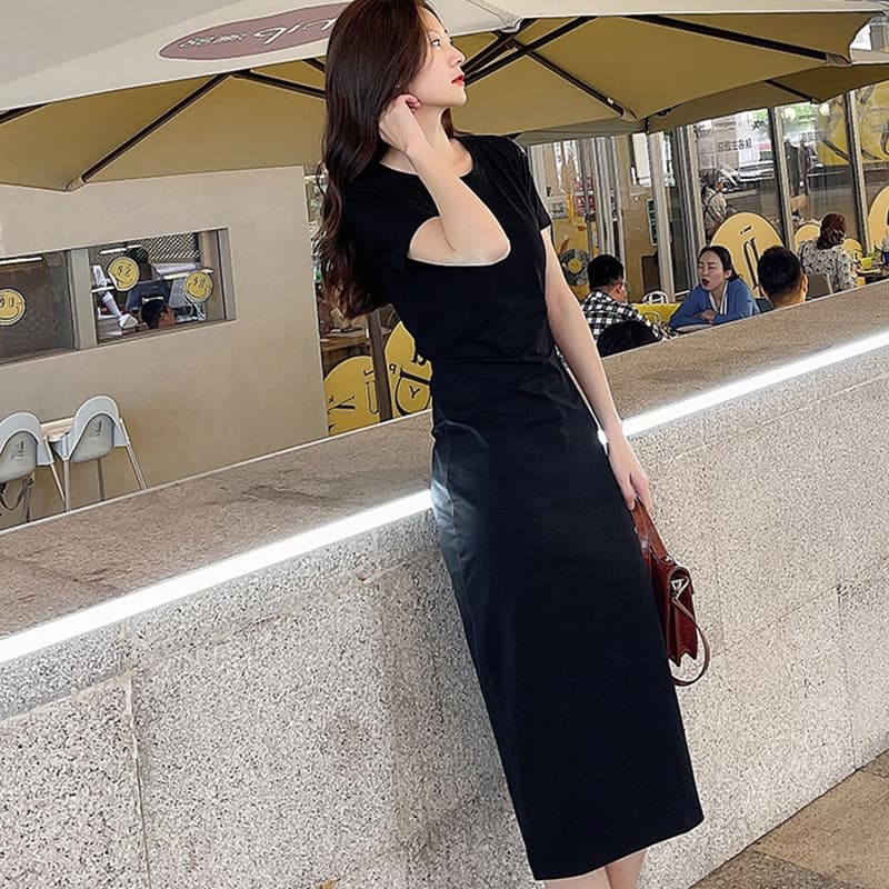 กระโปรงเสื้อยืดคลุมเข่า ชุดเดรสยาวคลุมเข่าสีพื้น ชุดเดรสผู้หญิงแขนสั้นคอกลม งานผ้ายืดตามตัว ใส่สบาย รูปที่ 6