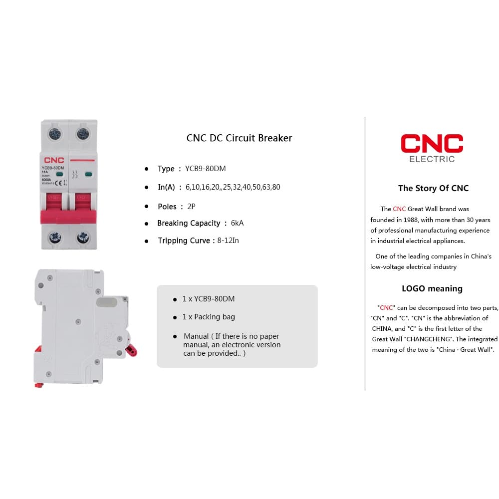 เบรกเกอร์วงจร CNC YCB9-80DM 2P DC MCB 6KA 500V 16A 20A 25A 32A 40A 50A DC MCB สําหรับระบบ PV รูปที่ 5