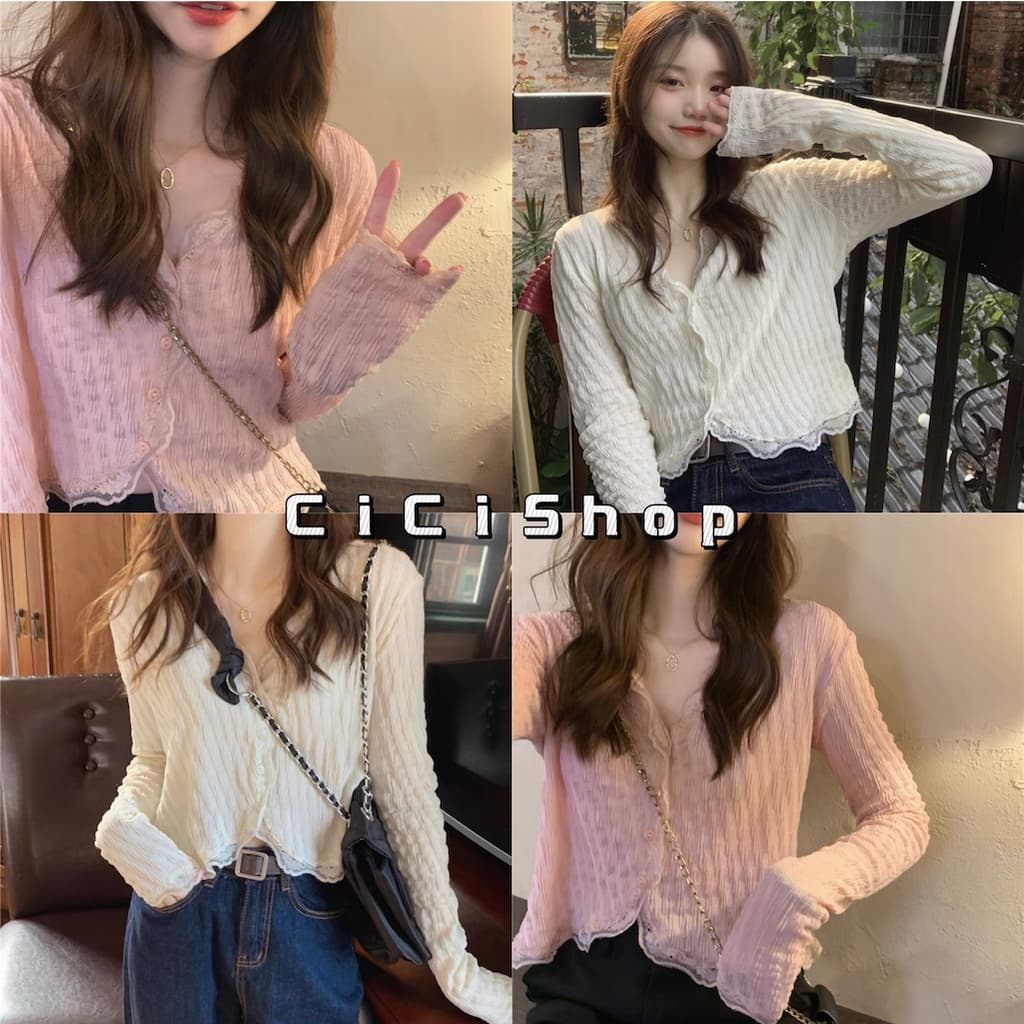 Cicishop เสื้อแขนยาวไหมพรม คอวีกระดุมหน้า แต่งชายระบายนิดๆ ผ้านุ่มนิ่มใส่สบายสีสวยน่ารักโคเรียสุดๆ รูปที่ 1