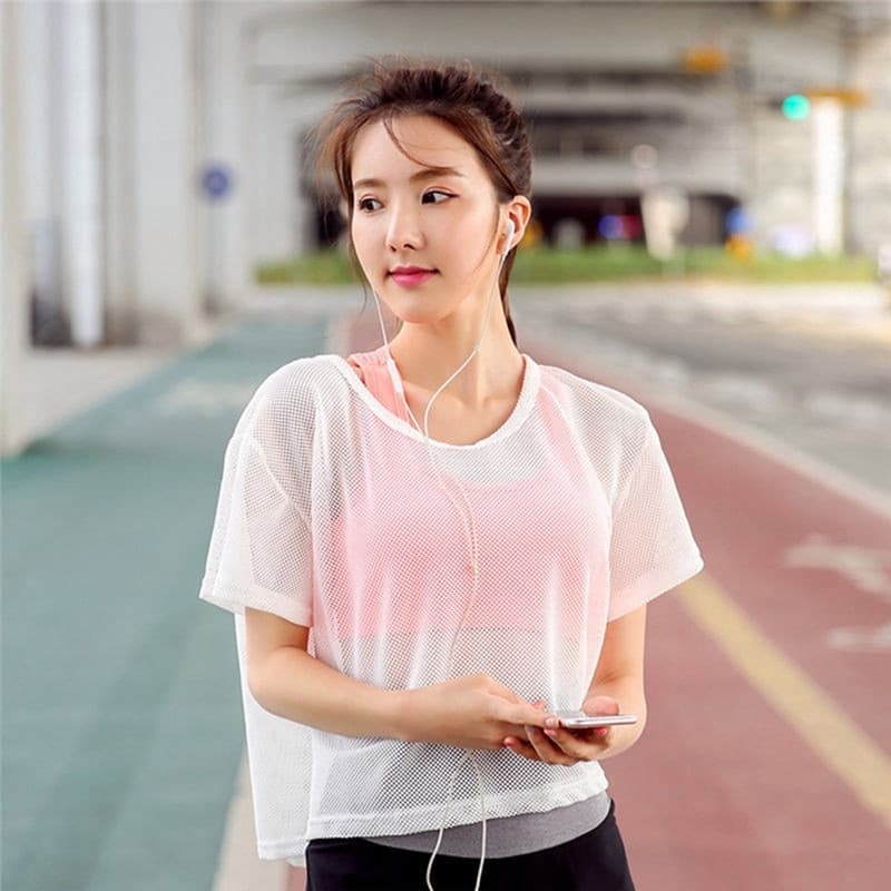 เสื้อยืด ผ้าตาข่าย แบบแห้งเร็ว เหมาะกับใส่ออกกําลังกาย เล่นโยคะ วิ่ง สําหรับผู้หญิง รูปที่ 6