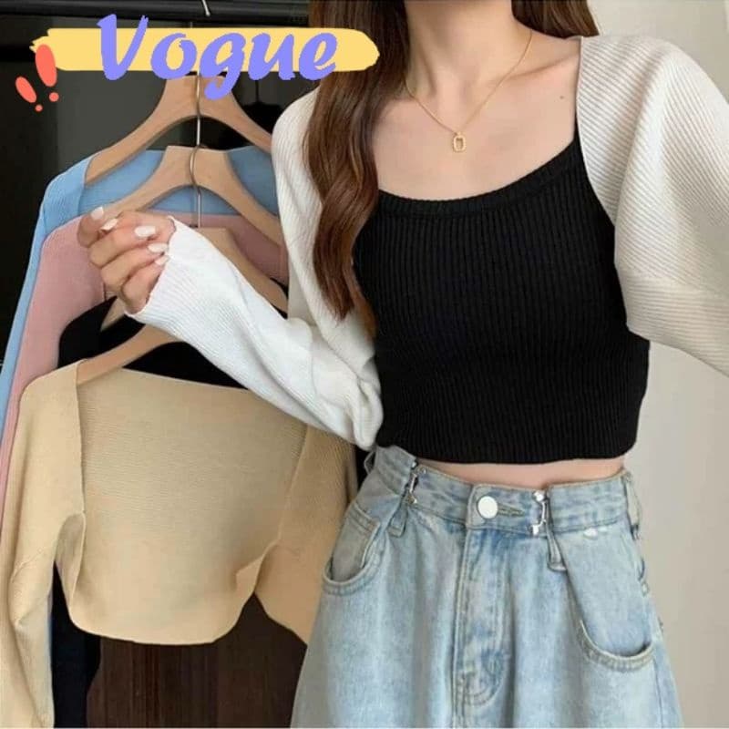 Vogue​​ ​​เสื้อคลุมไหมพรมแขนยาว ผ้าร่องใส่สบายมาก คลุมครึ่งตัวสไตล์​เกาหลี รูปที่ 1