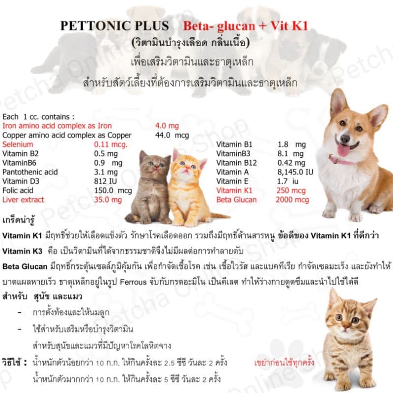 Pettonic Plus อาหารเสริม บำรุงเลือดสุนัข ชนิดน้ำสำหรับสุนัขและแมว กลิ่นเนื้อ 100 ml รูปที่ 3