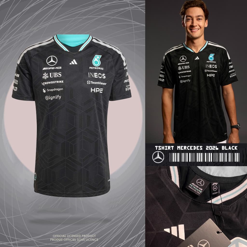 เสื้อยืดผ้าฝ้ายพรีเมี่ยม Unisex Mercedes AMG F1 2026 Team Black Formula one marcedes รูปที่ 1