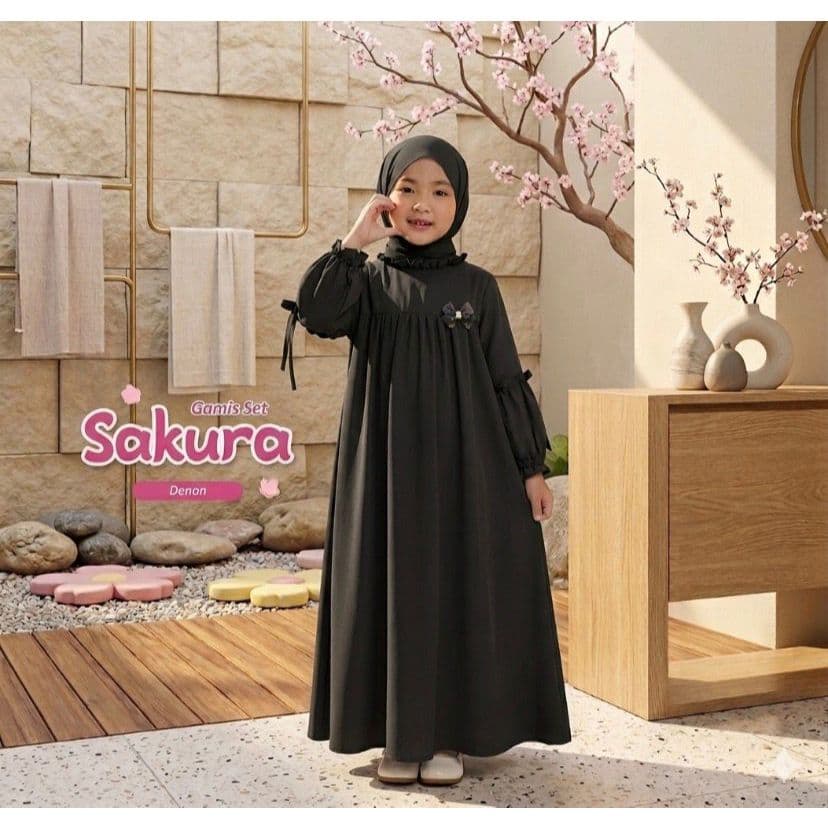 SAKURA KIDS DRESS | ชุดกามิสเด็กมุสลิมพร้อมฮิญาบพัชมิน่า | เสื้อคลุมเด็กน่ารักล่าสุด รูปที่ 3